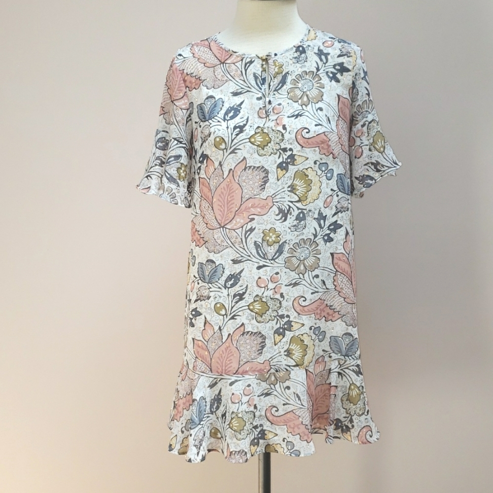 Ann Taylor Loft White Floral Mini Dress with Metallic Accents, Size XS Petite